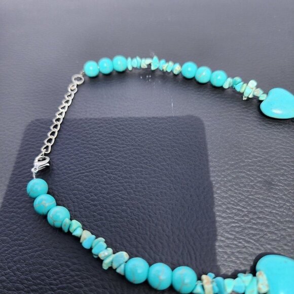 Blue Turquoise Gems Round Heart-shaped Beads Necklace 18'' - Picture 4 of 6